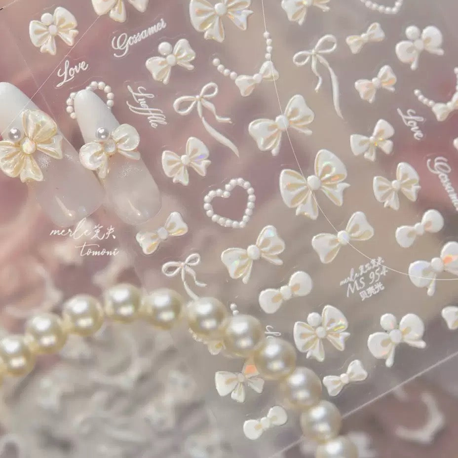 Bow Tie Pearl White French Nail Art Stickers